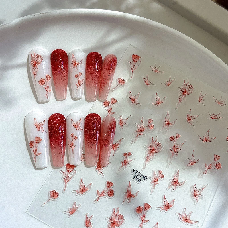 Beautiful Romantic Wine Red Butterfly Rose Nail Stickers Versatile Hollow Thin Tough Back Adhesive Tape Nail Sticker