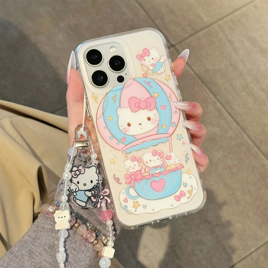 

Türkiye Romantic hot air balloon Cartoon Hello Kitty KT lanyard Phone Case For iPhone 17 16 15 Pro Max 14 Pro Shockproof Cover