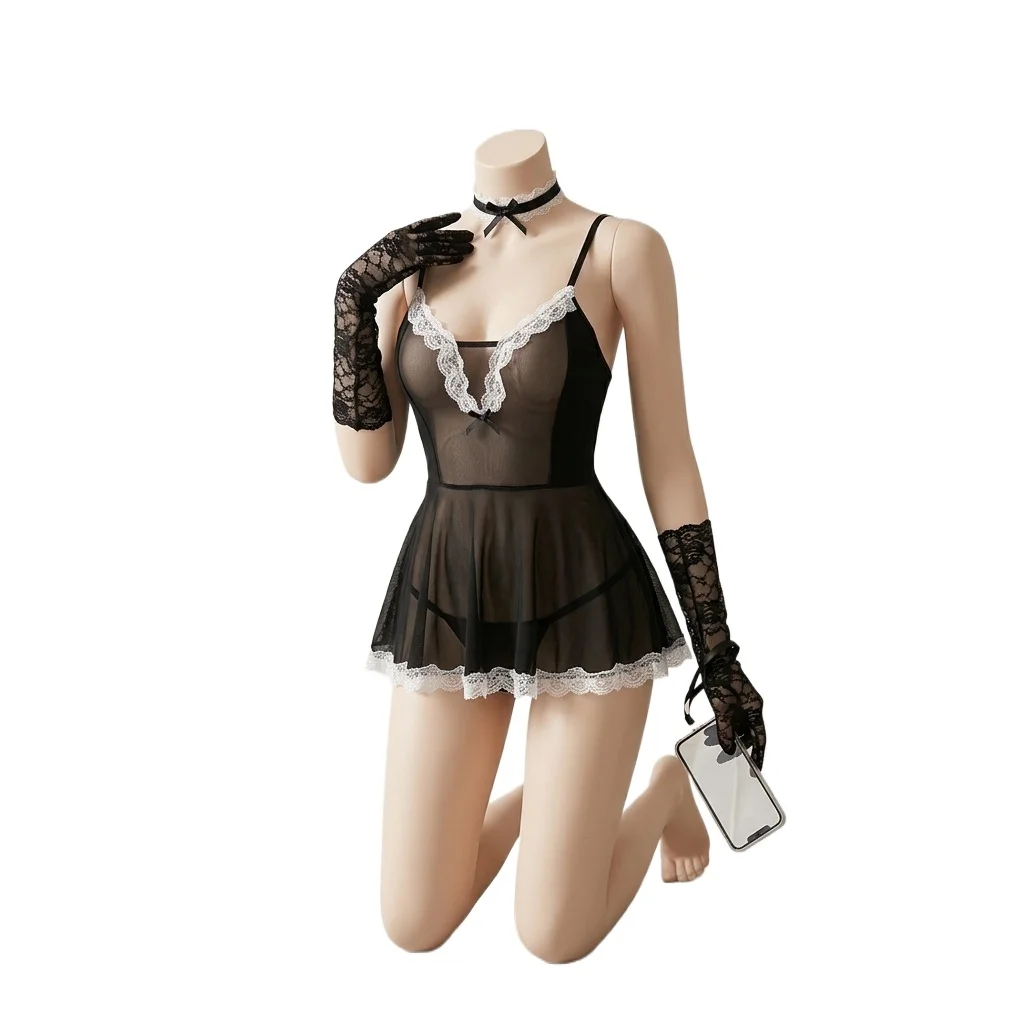 Suspender Underwear Front Open Lace-Up Dress Clothes for Women Lace Black Plus Size Nightgowns Open Lingerie Skirt Set