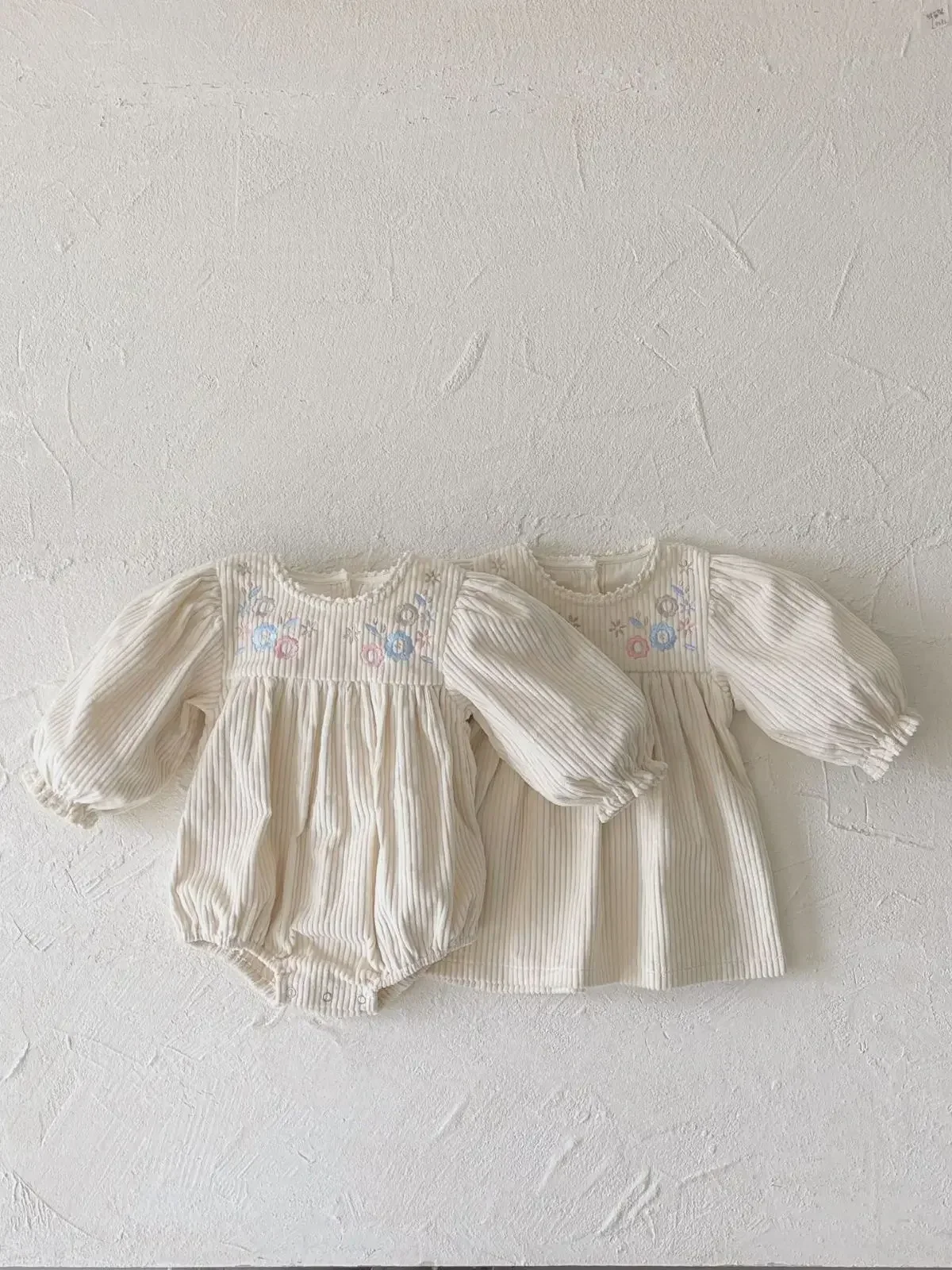 

New Infant Clothing Toddler Boy Corduroy Embroidery Flower Simpl Casual Long Sleeve Bodysuit Girl Baby Ribbed Lace Cotton Onesie