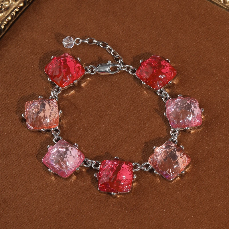 

Vintage Square Resin Pink Bracelet Charms Luxury For Women Silver Color High Quality Jewelry Accessories Valentine's Day Gift
