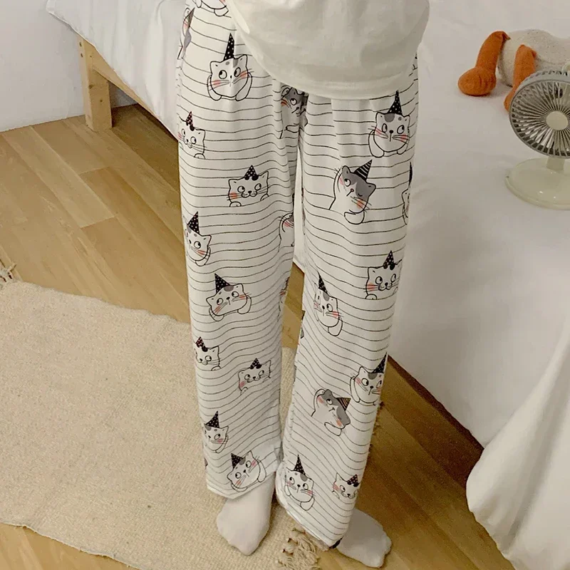

Пижамные штаны, женские белые полосатые брюки с рисунком кота, женские весенне-осенние и зимние студенческие домашние штаны, спальные штаны для девочек