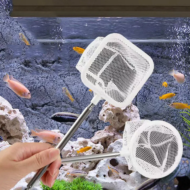 Retractable 3D Aquarium Fish Tank Net Stainless Steel Rod Fishing Round Square Pocket Shrimp Catching Nets 22-47CM Detachable