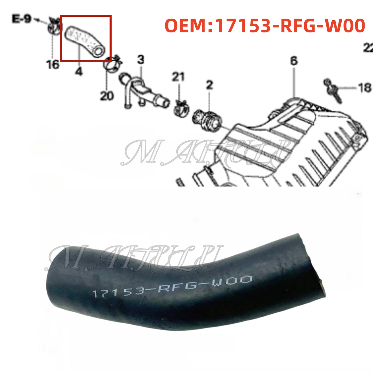 

17153-RFG-W00 is applicable to the intake ventilation pipe and ventilation hose of the Honda 2005 06 07 2008 Odyssey RB1 engine