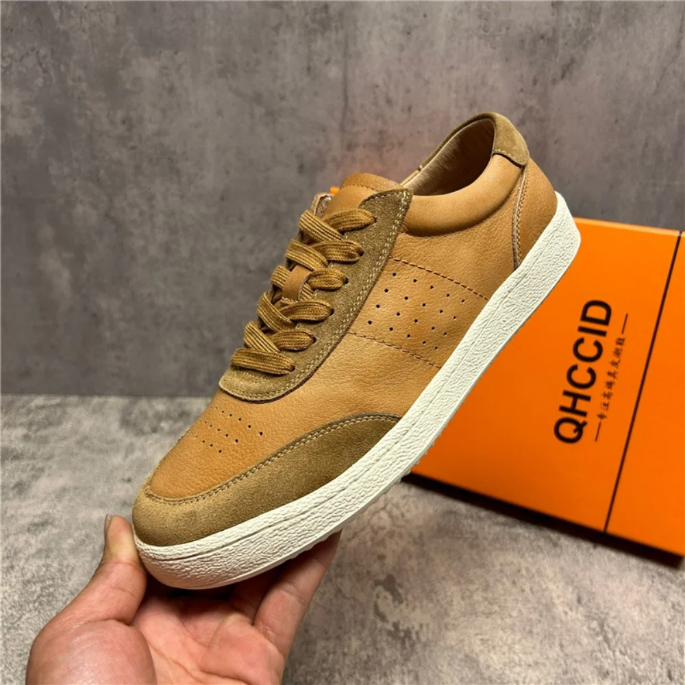 

Men's Fashionable Versatile White Sneakers Genuine Leather Dechen Shoes European Style Casual Footwear