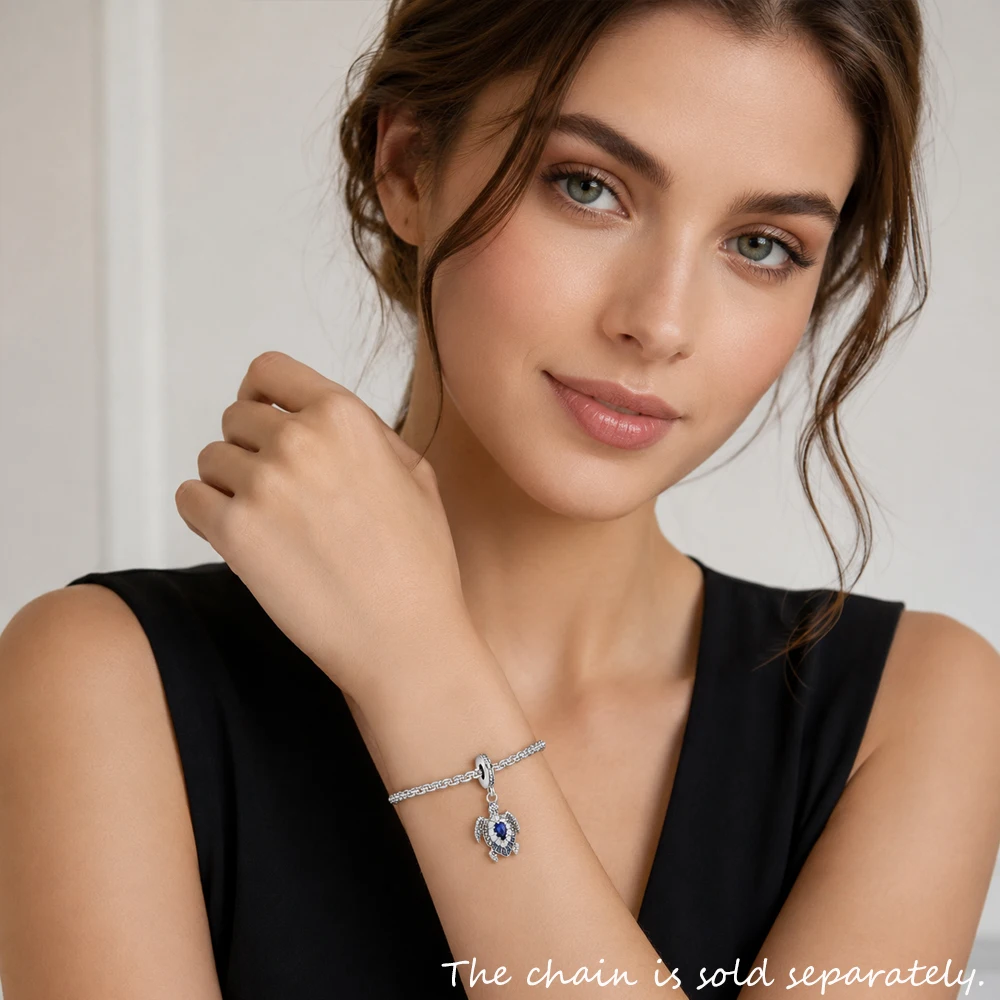 Charm-Anhänger Schildkröte mit blauen Steinen für Männer und Frauen, Winter, echtes 925er-Sterlingsilber, besondere Glücksgeschenke – Detail 2