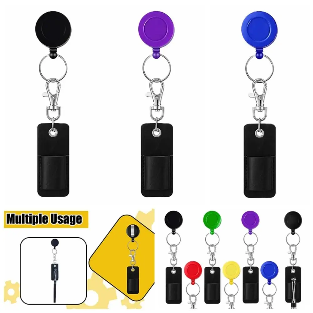 

Pen Holder Keychain Badge Reel Pen Holder Pen Organizer Retractable Key chain with Carabiner Sleeve Pouch PU Leather