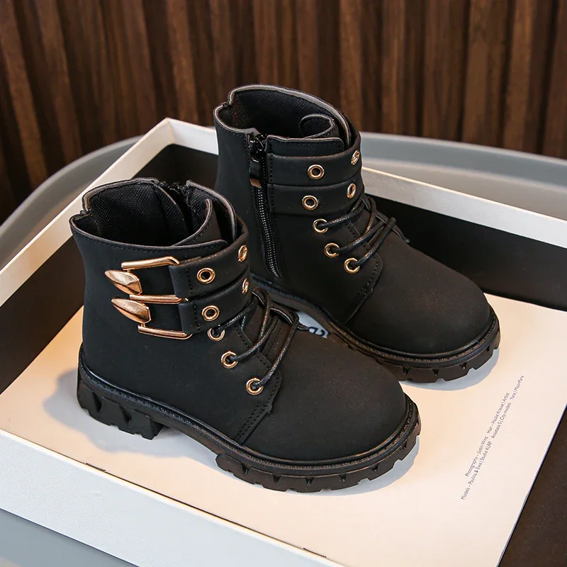 

2025 Trend Children's Classic Leather Boots Spring Autumn Girls Black Ankle Boots Fashion Causal Kids Short Boots Thick Bottom