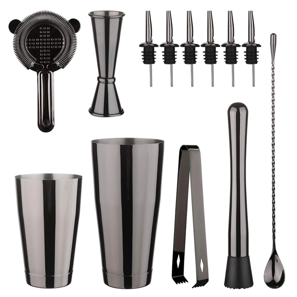 Cocktail Shaker Bar Set: 2 Weighted Boston Shakers, Cocktail Strainer Set,Jigger,Muddler and Spoon, Ice Tong and 6 Bottle Pourer