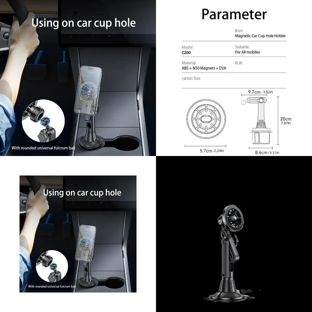 

652F Upgraded Car Cup Holder Phone Mount Powerful Magnets Stand Extendable Arm Vehicle Cell Phones Car Mount