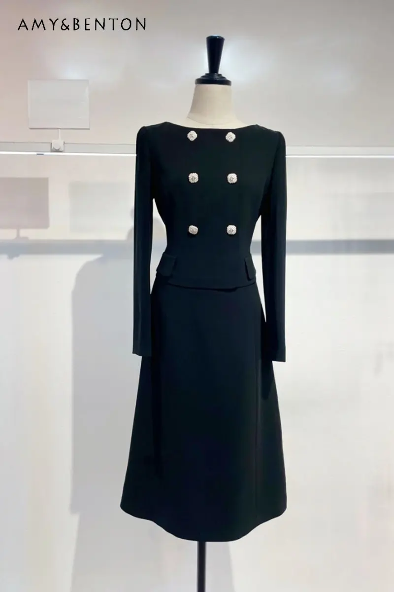 

Autumn Winter High-Grade Formal Dress Socialite Temperament Goddess Style Long Sleeve Suit Black Mid-length Bottoming Dress