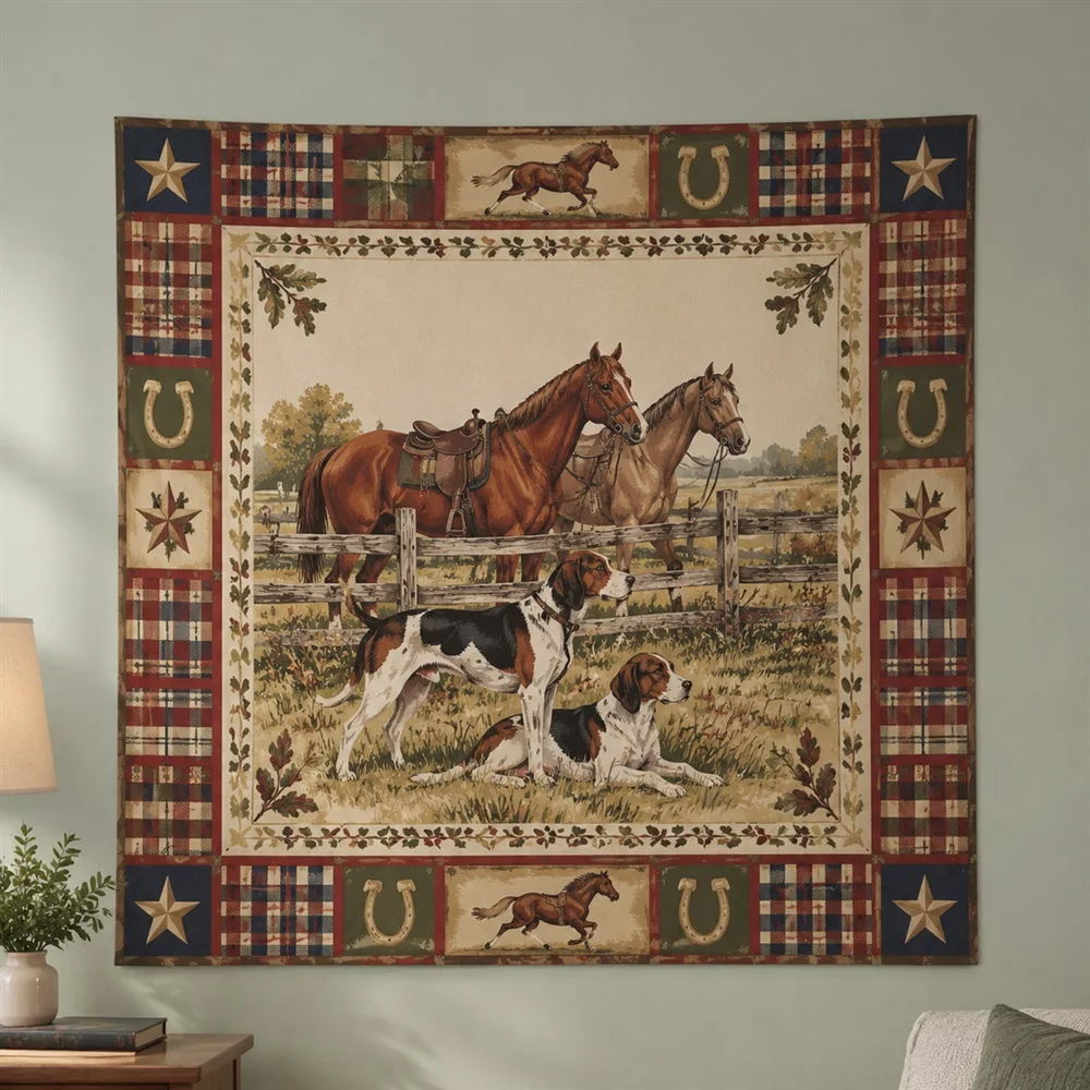 VIKAMA Hound and Horse Border Frame Tapestry Wall Hanging, American Wall Decor Tapestries for Kitchen Dining Room Living Room