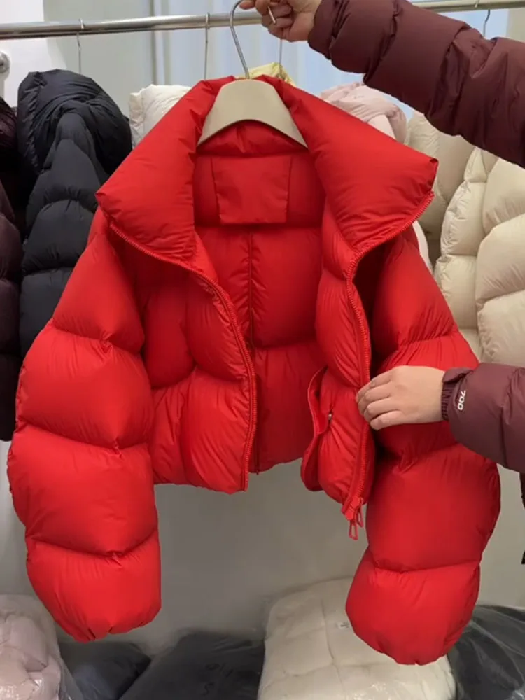 

Sli ort Puffer Jaet Women's Bubble Red down Coat Ele Sle Thiened Polyester Fiber White Du down Filling