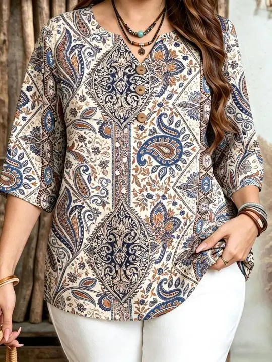 Women Vintage Paisley Ethnic Patchwork Print Blouse For Curvy Figures Notched Neck 3/4 Sleeve Loose Casual Ladies Tops