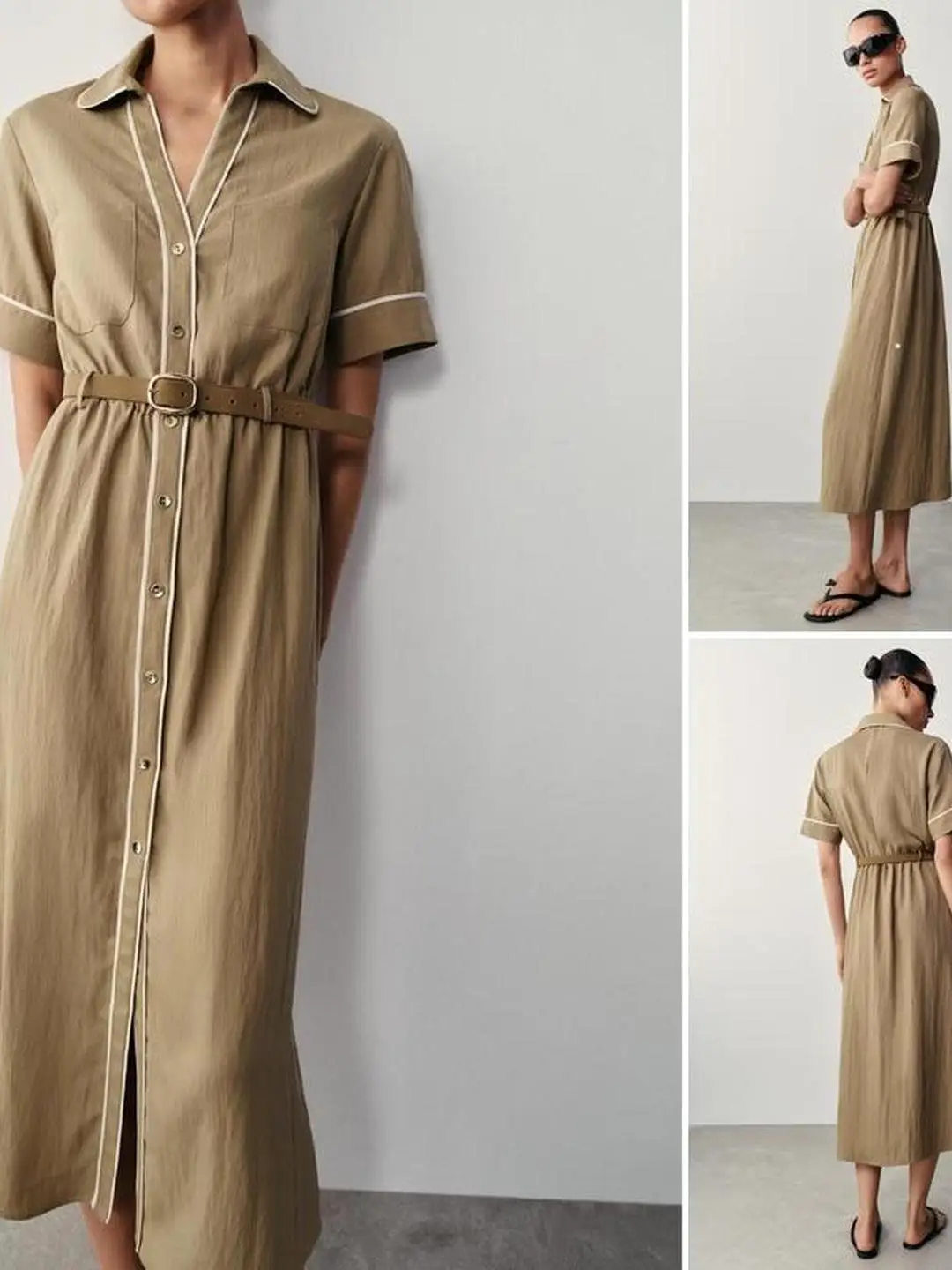 Casual Style Midi Dress Button Closure Short Sleeve Turn-down Collar Check Color  Design Waist Belt Girls Summer Dress