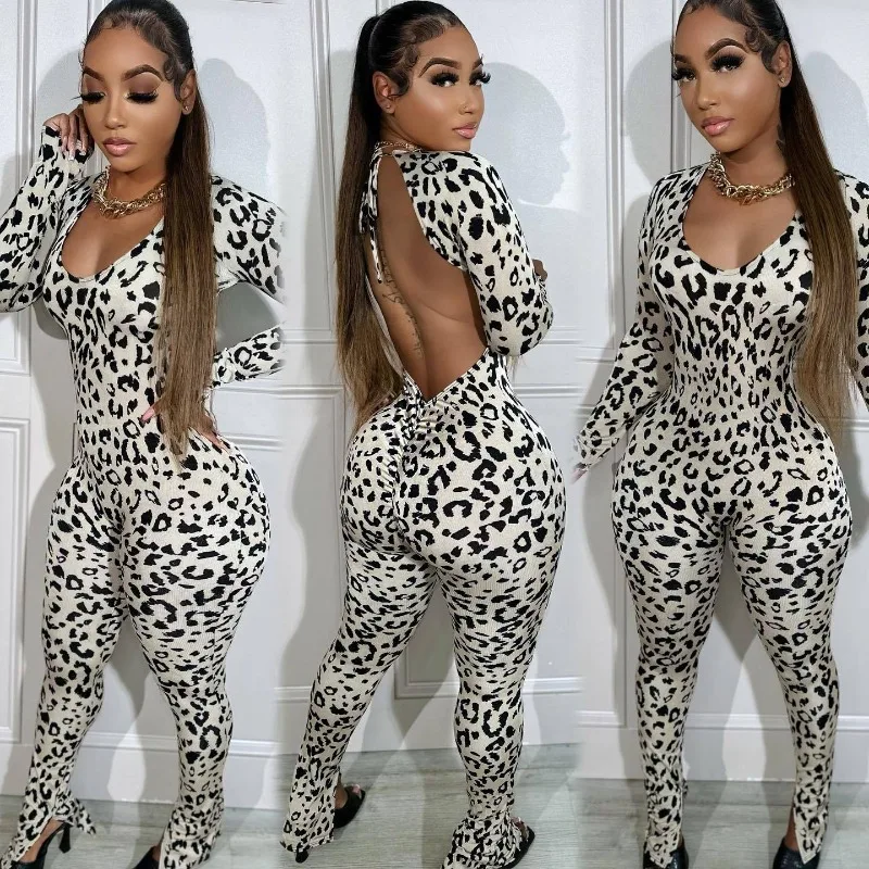 Trendy and fashionable European and American women's casual fashion backless leopard print multi-color optional jumpsuit