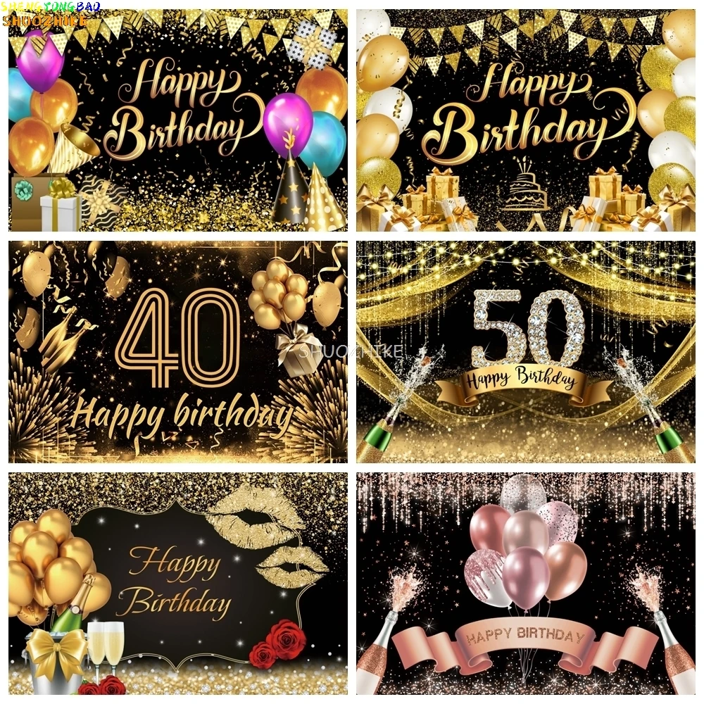 Black Gold Happy Birthday Backdrop Glitters Balloon 18th 30th 40th Adult Anniversary Birthday Party Photography Background Decor