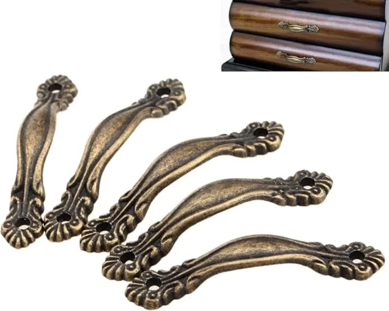 10 Stück Vintage-Schrankgriffe aus antikem Messing mit 20 Stück Schrauben für Schrank, Kommode, Möbel, Boxen, 65 x 11 mm