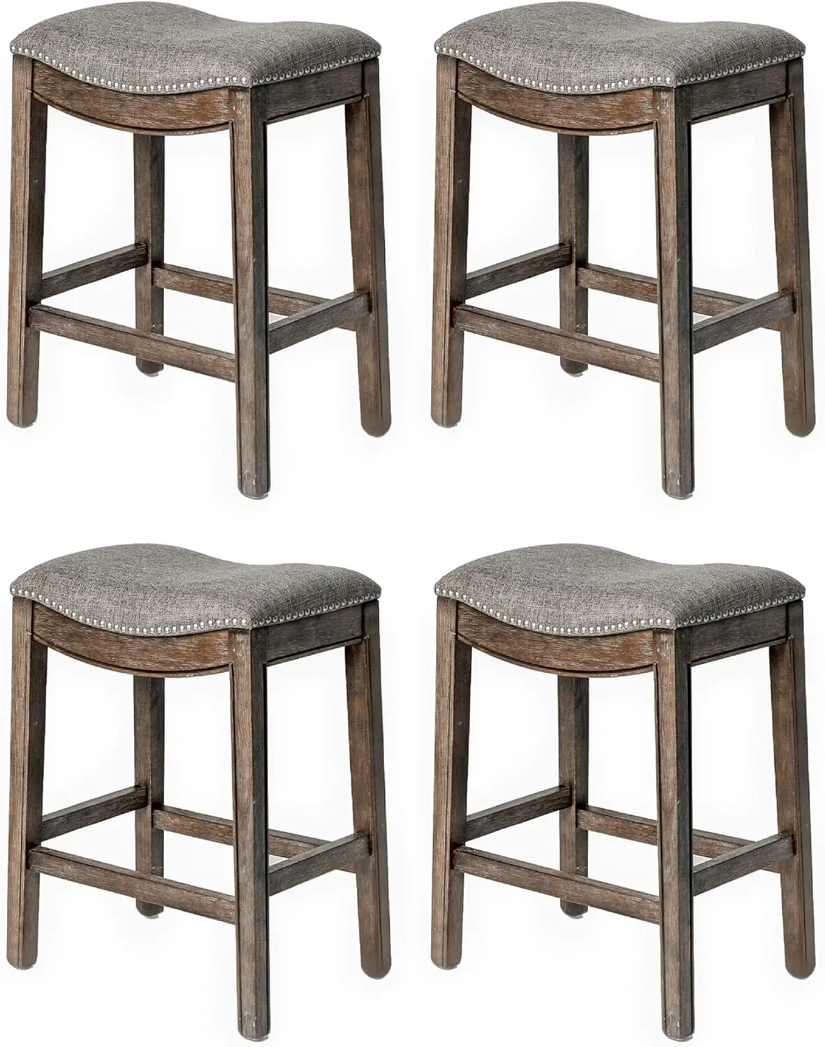 Adrien 26 Inch Counter Height Upholstered Backless  Barstool In Dark Walnut Finish With Ash Grey Fabric Cushion Seat, Set Of 4