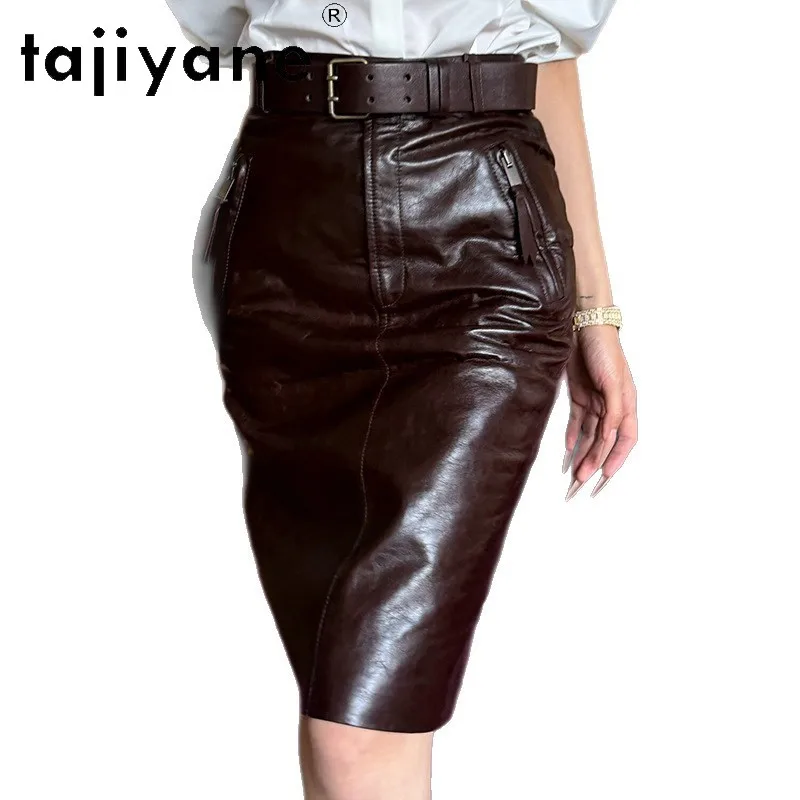 TAJIYANE Oil Wax Sheepskin Genuine Leather Skirt Back Slit Women's Skirts Sexy Bodycon Midi Skirt Office Lady Skirts of Woman