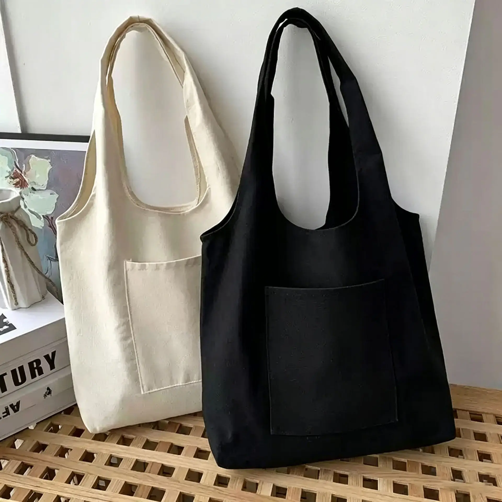 Commuter Canvas Bag with Small Outer Pocket; Shopping Bag; Vest Bag; Supermarket Shopping Tote; Book Bag; Convenient Bag