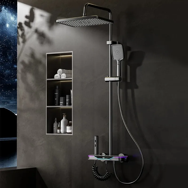 Full Copper Ambient Light Constant Temperature Shower Set, Digital Piano Button Super Pressurized Shower for Household Bathroom