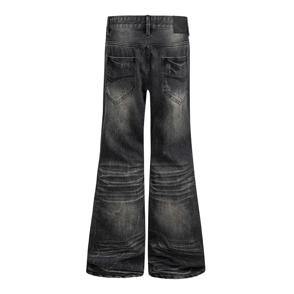 MWJLPWQ American Street Vibe Washed Distressed Denim Flared Pants For Men Cat Whisker Hip-Hop Slightly Flared Trousers 21423