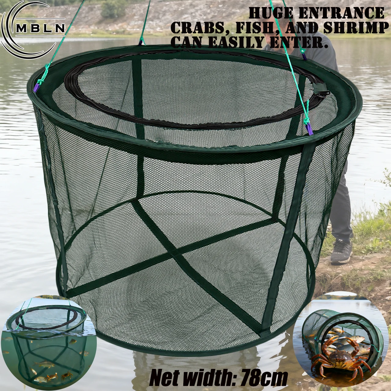 

MBLN Большая нейлоновая ловушка для краба PA, круглая зеленая сетка 78 см, большой вход, подходит для временного хранения рыбных креветок и крабов