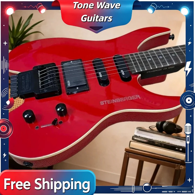Hot Selling Special Offer 6 Strings Red Headless Satin Finished Floyed Rose Bridge Mahogany Body Electric Guitar Free Shipping