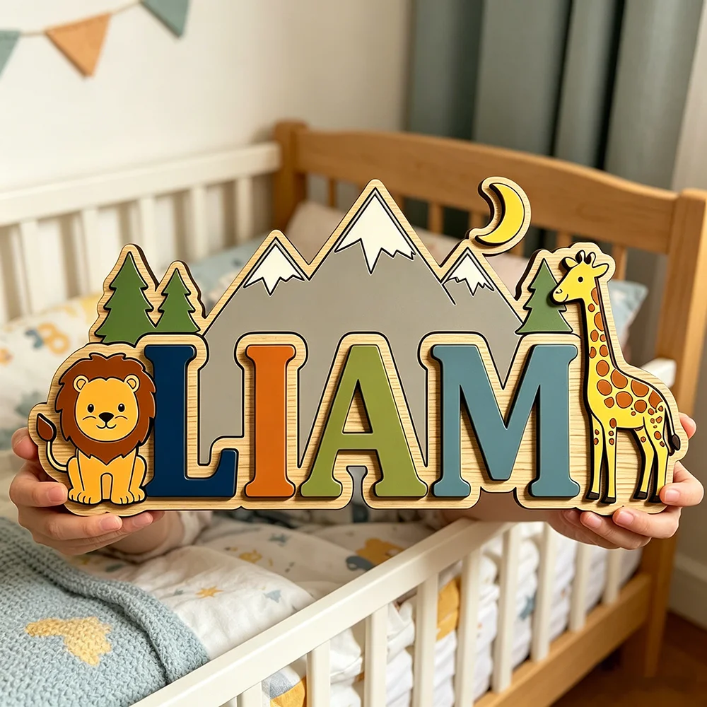 Custom Safari Lion & Giraffe Kids Name Sign for The Dearest Baby, Cute Mountain Moon Themed Nursery Door Plaque