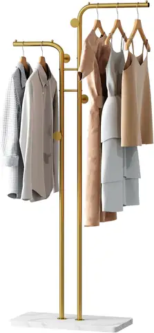 Freestanding Metal Coat Rack with Double Poles and 5 Hooks for Clothes, Hats, and Accessories in Gold Finish
