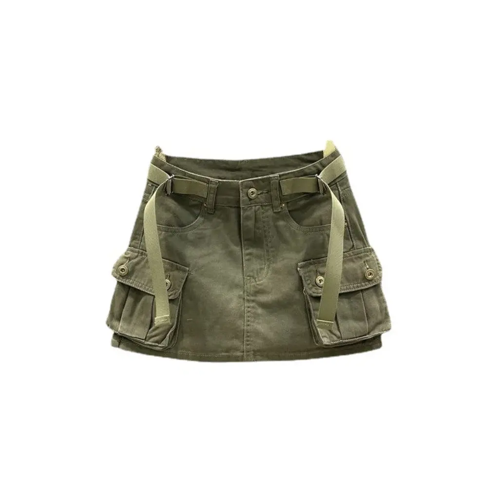 

Women's Khaki High Waist A-Line Short Skirt Slimming Retro Workwear Dress Summer Spice Girl Denim Skirt Anti-Glare