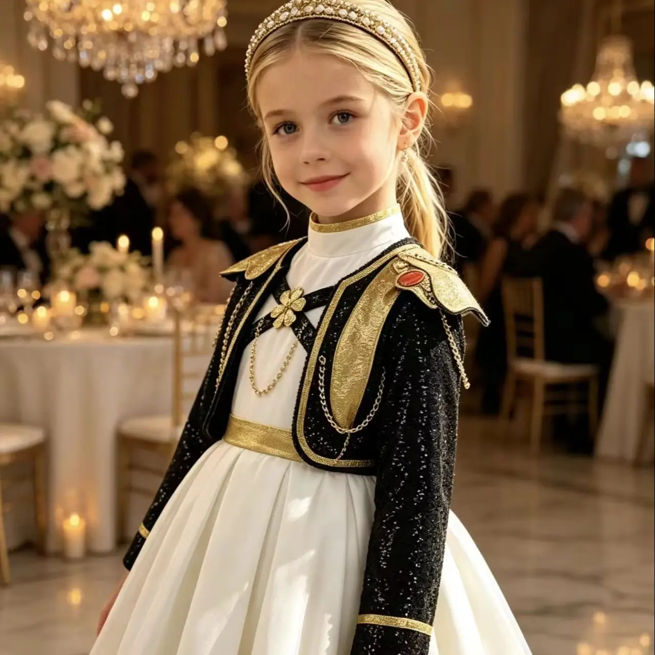 2026 New hot selling Girls Black Sequin Cropped Jacket White Pleated Dress Child Evening Gown for Stage Performance Birthday Pho