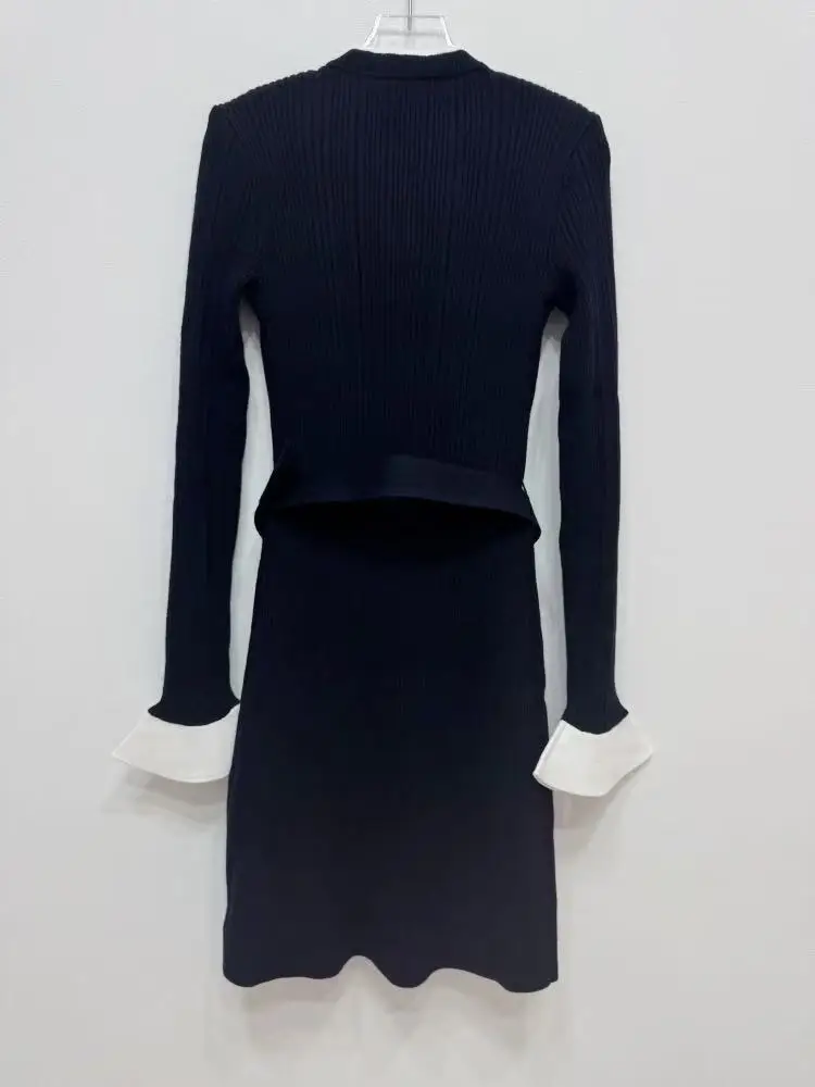 Robe française de couleur contrastée pour femme, élégante, col rond, simple boutonnage, Slim, enveloppée dans les hanches, Mini Robe avec ceinture, mode automne hiver