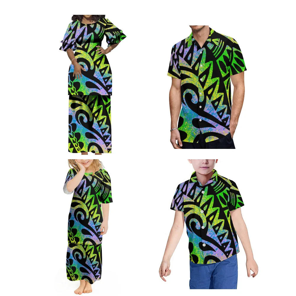 Family Gathering Party Dress Family Suit Polynesian Print Custom Mother-Daughter Puletasi Suit Dress With Father And Son Shirt