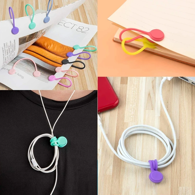 10Pcs Magnetic Cable Ties Silicone Cable Management Ties Reusable Cord Clips for Earphones USB Cable Bookmarks Keychain