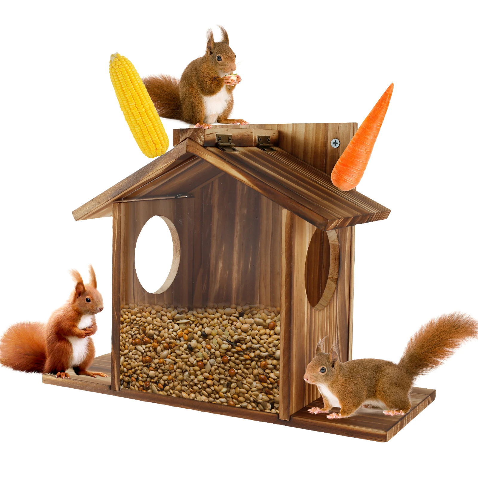 

Squirrel Feeder For Outside Wooden Chipmunk Feeder Squirrel House For Corn, Peanuts Large Capacity Squirrel Feeding Stations