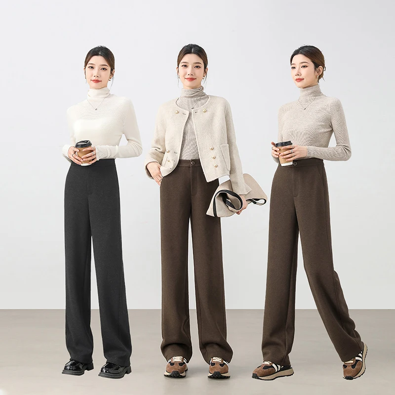 SENTUBILA Wool Blend Thick Pants for Women 2024 Winter Warm Solid Simple Straight Knitted High Waist Business Trousers 144K58729