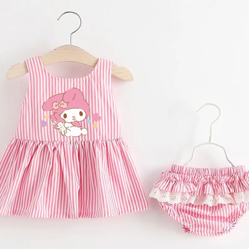 Sanrio-Conjunto de Vestido con tirantes para niñas, conjunto de dos prendas con lazo en la espalda, vestido Halter para bebé, pantalones PP, Hello Kitty Cinnamoroll My Melody