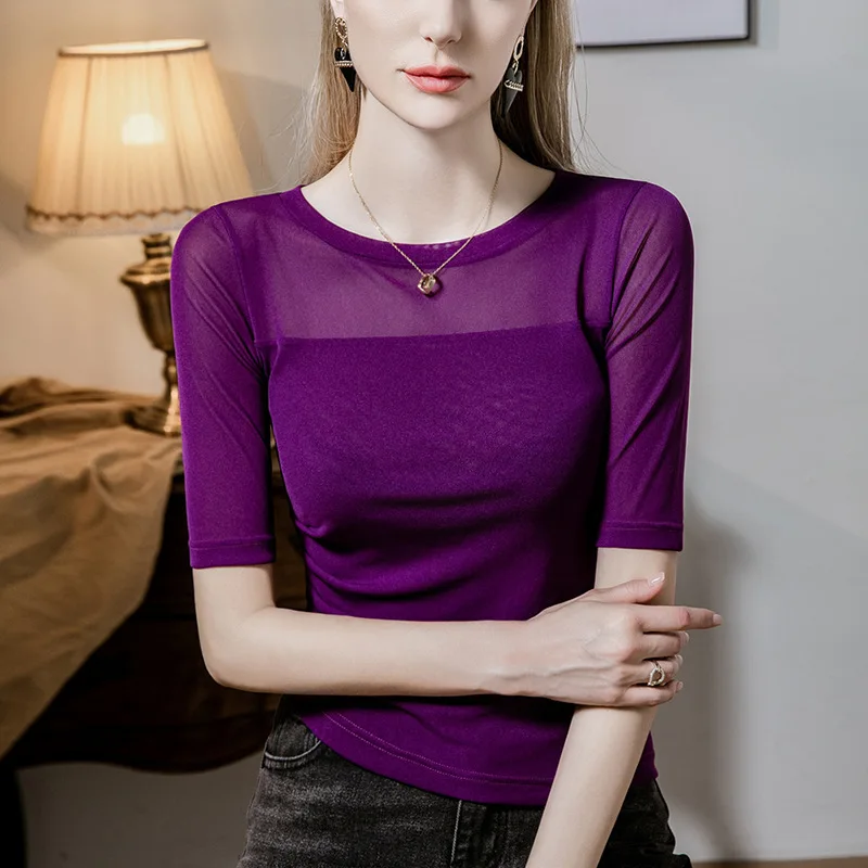 #4495 Summer Black Purple Mesh Irregular T Shirt Women Half Sleeve Sexy See Through Round Neck Sexy Skinny Tee Folds Split Joint