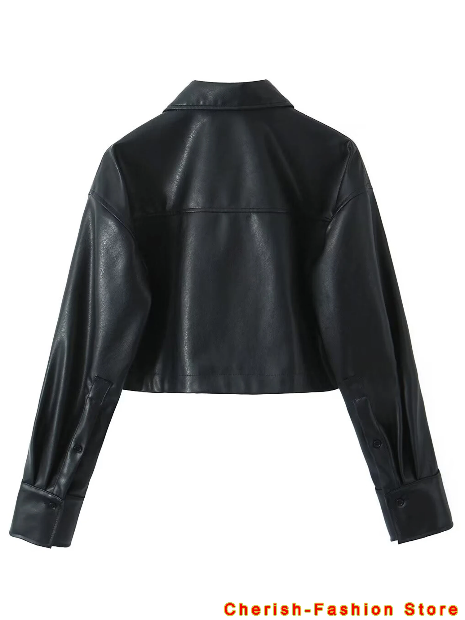 2024 Woman Fashion Faux Leather Short Shirt Casual Slim Long Sleeve Double Pockets Zipper Front Jackets PU Leather Coat