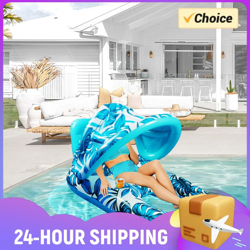 Inflatable Water Sleeping Bed with Sunshade Floating Lounger Air Mattress Foldable Water Hammock for Swimming Pool Party
