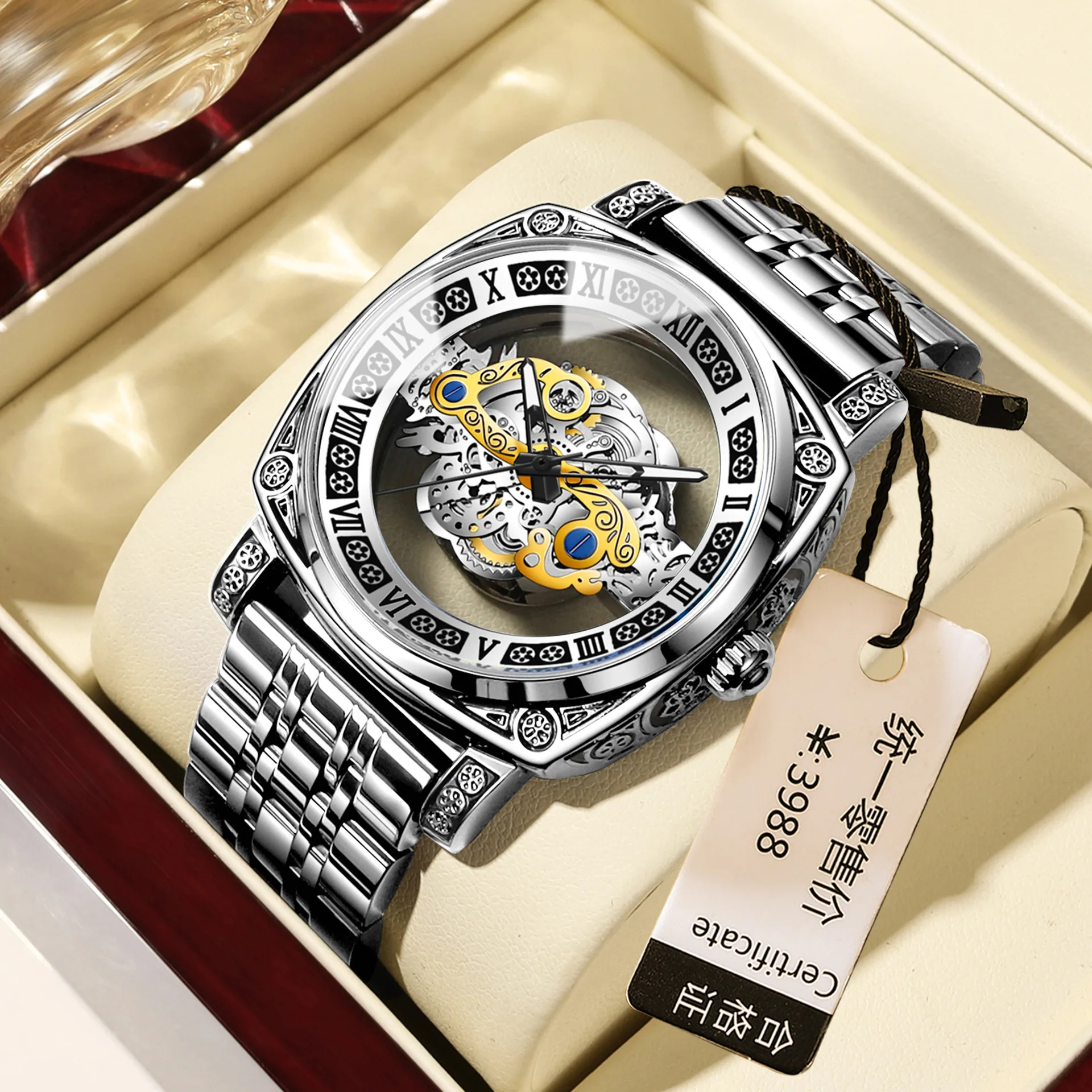 Men Watch Sports Retro Carved Genuine Leather Stainless Steel Tourbillon Waterproof Hollow Out Male Fashion Quartz Watches Gift