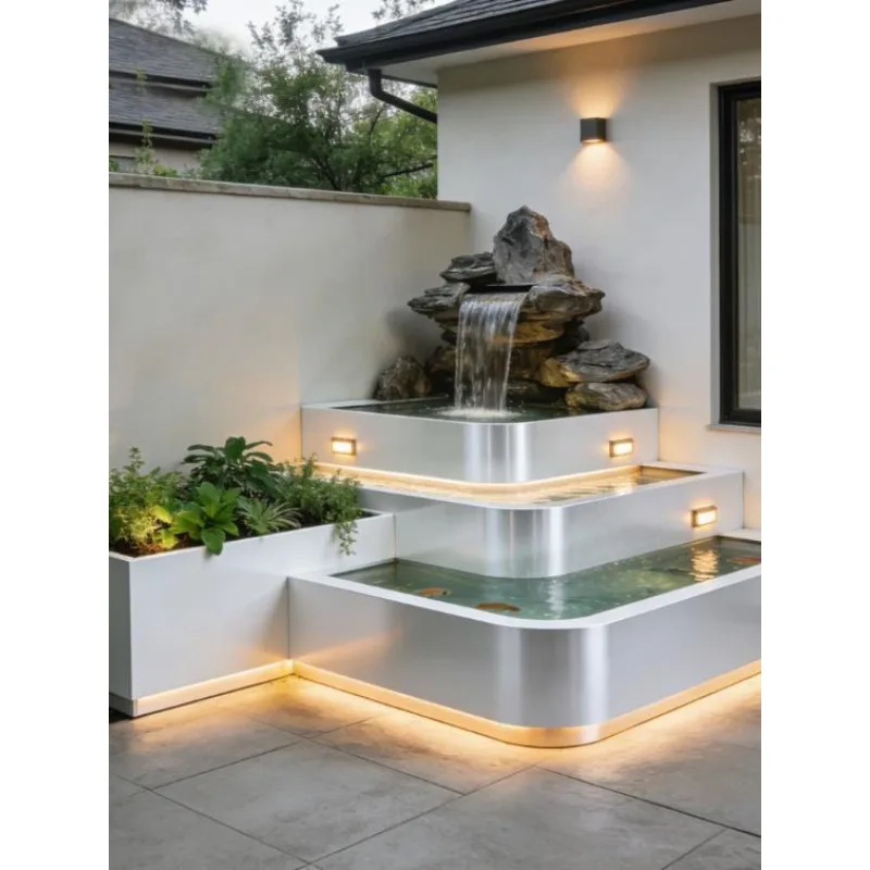Luxury Stainless Steel Water Feature with Fish Pond & Planter Modern Outdoor Garden Fountain with LED Light for Villa Courtyard