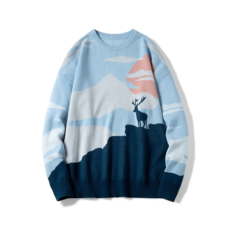 Spring Men's Anime Knitted Sweaters Cotton Vintage Moose Oversized Sweaters Landscape Harajuku Streetwear Pullovers Men Clothing