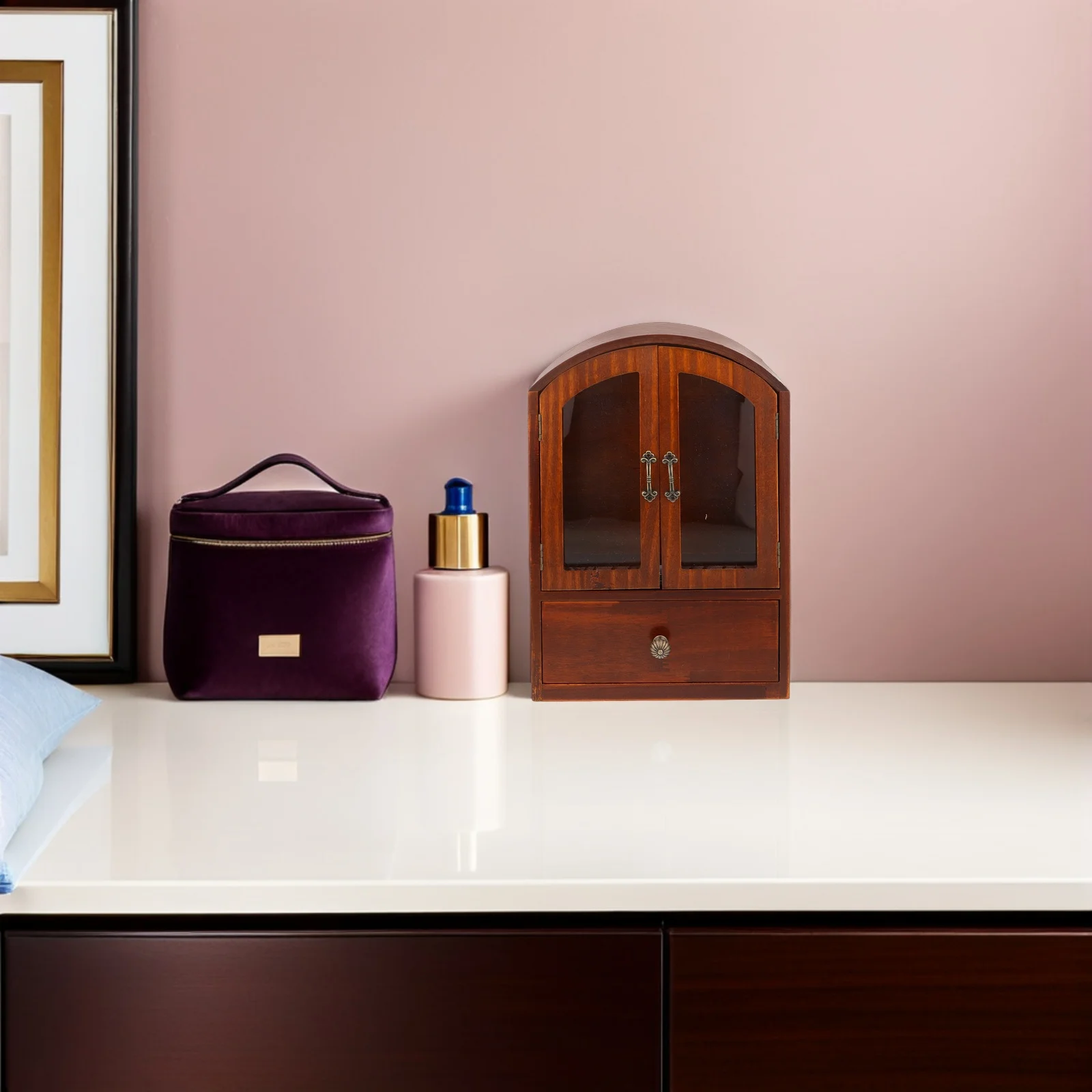 Retro Wood Desktop Storage Glass Desk Drawers Makeup Office Supplies Small Countertop Home Workspace Wood Cabinet With Doors