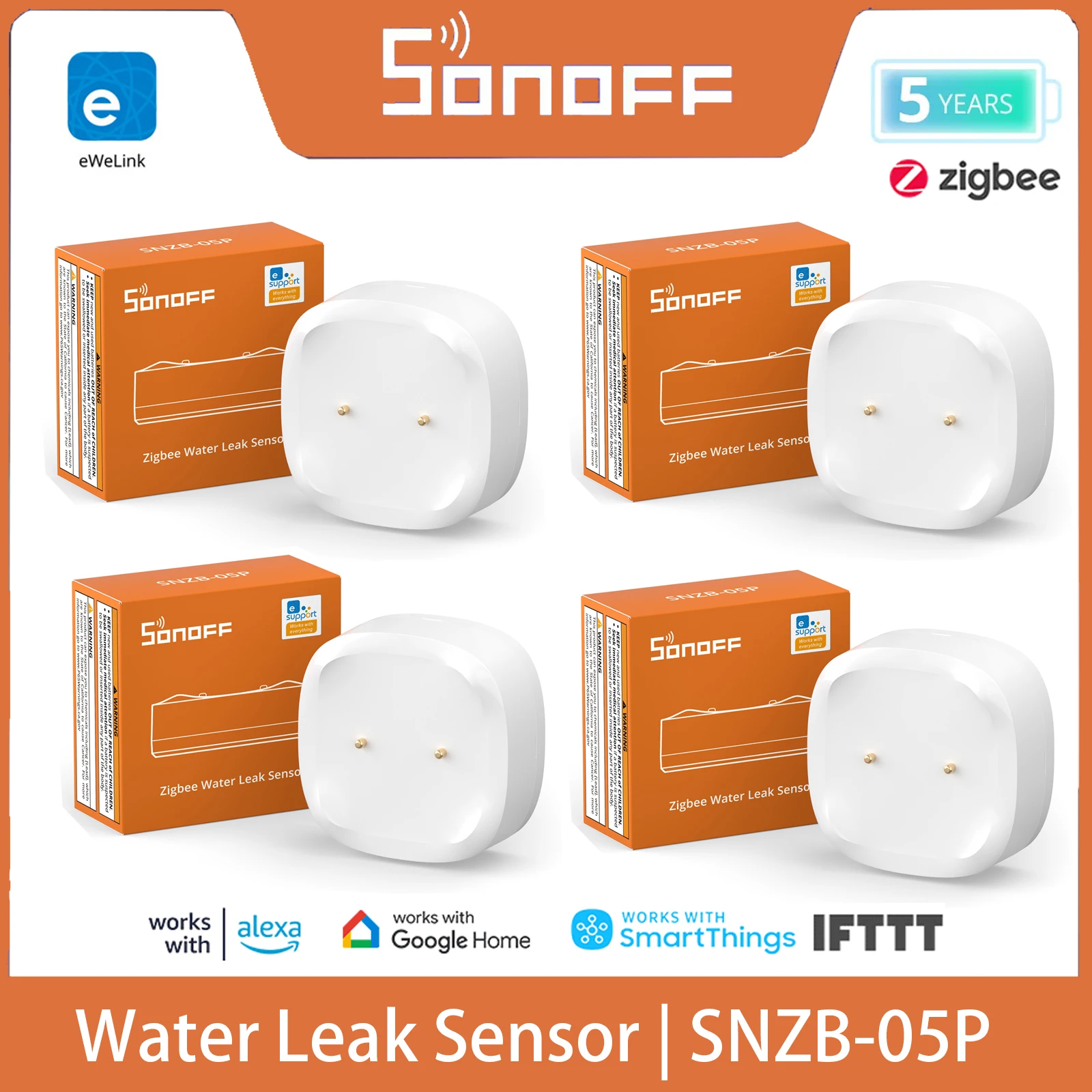 SONOFF SNZB-05P Zigbee 3.0 Water Leak Detector 5 Years Lifetime IP67 Waterproof Smart Alarms Smart Home with Alexa Google Home