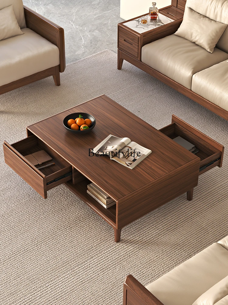 

New Chinese simple coffee table black walnut living room double drawer tea table furniture