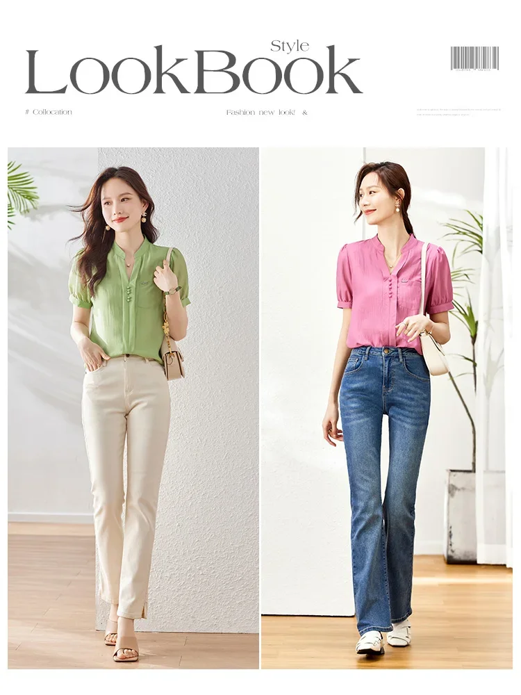 Camicetta da donna estiva a maniche corte con scollo a v vivace 2023 maniche a sbuffo alla moda camicie eleganti in Chiffon Casual allentate dritte Top da donna