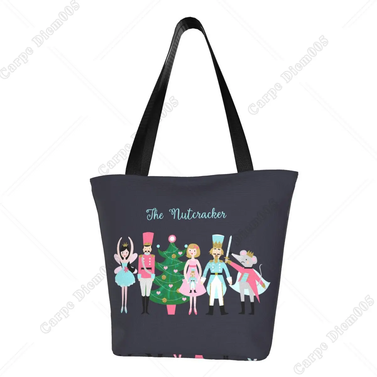 Christmas Nutcracker Fairy Shopping Bags Printed Canvas Shopper Zipper Tote Shoulder Bag Large Capacity Handbag